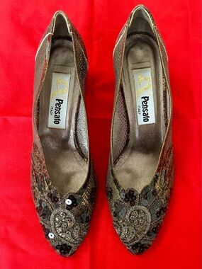 Fernando Pensato. Italy.  Sequined Pointed Toe with a Lucite Tortoiseshell Heel.